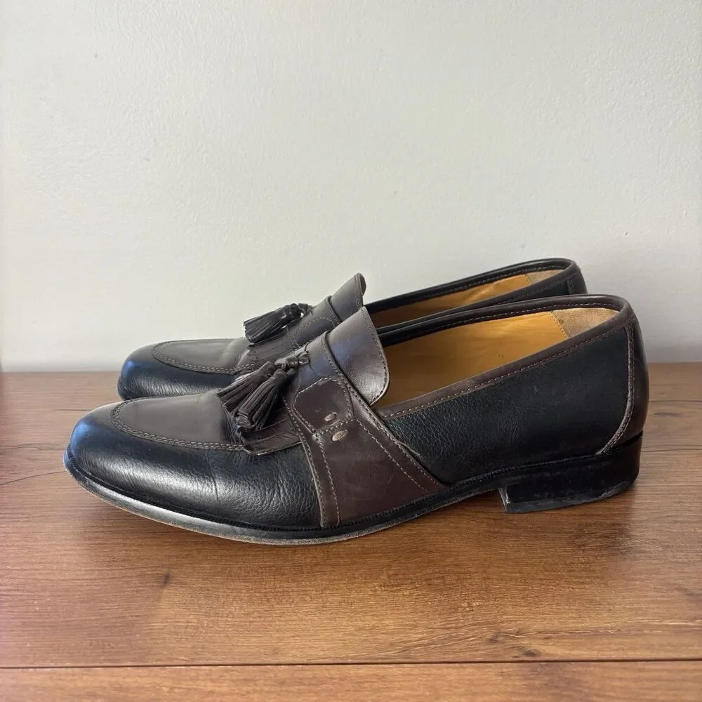Johnston & Murphy Mens 10.5 M Brown Black Two-Tone Leather Tassel Kiltie Loafers